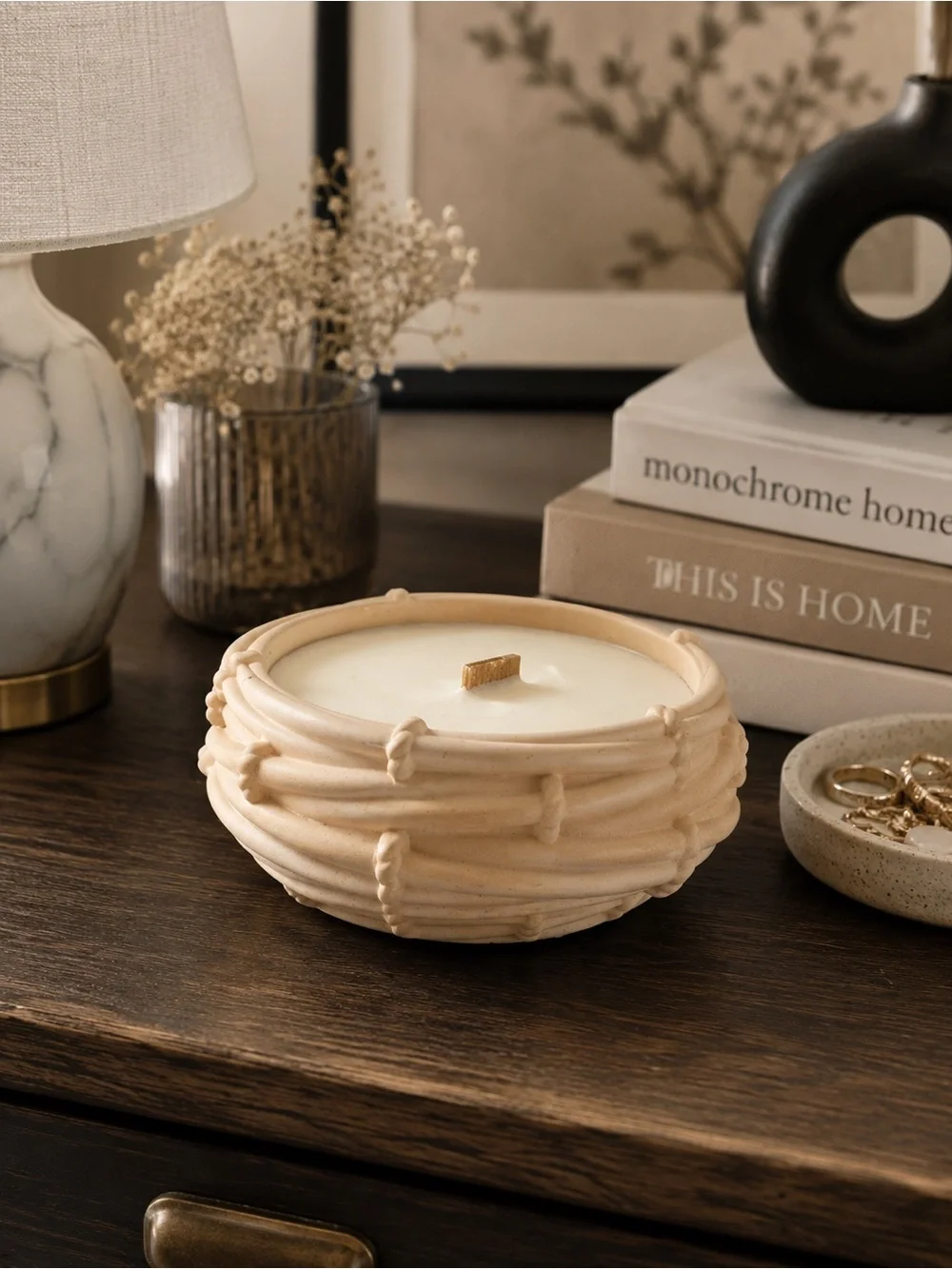 Cream Ceramic Bowl Candle with Wooden Wick - Home Accents